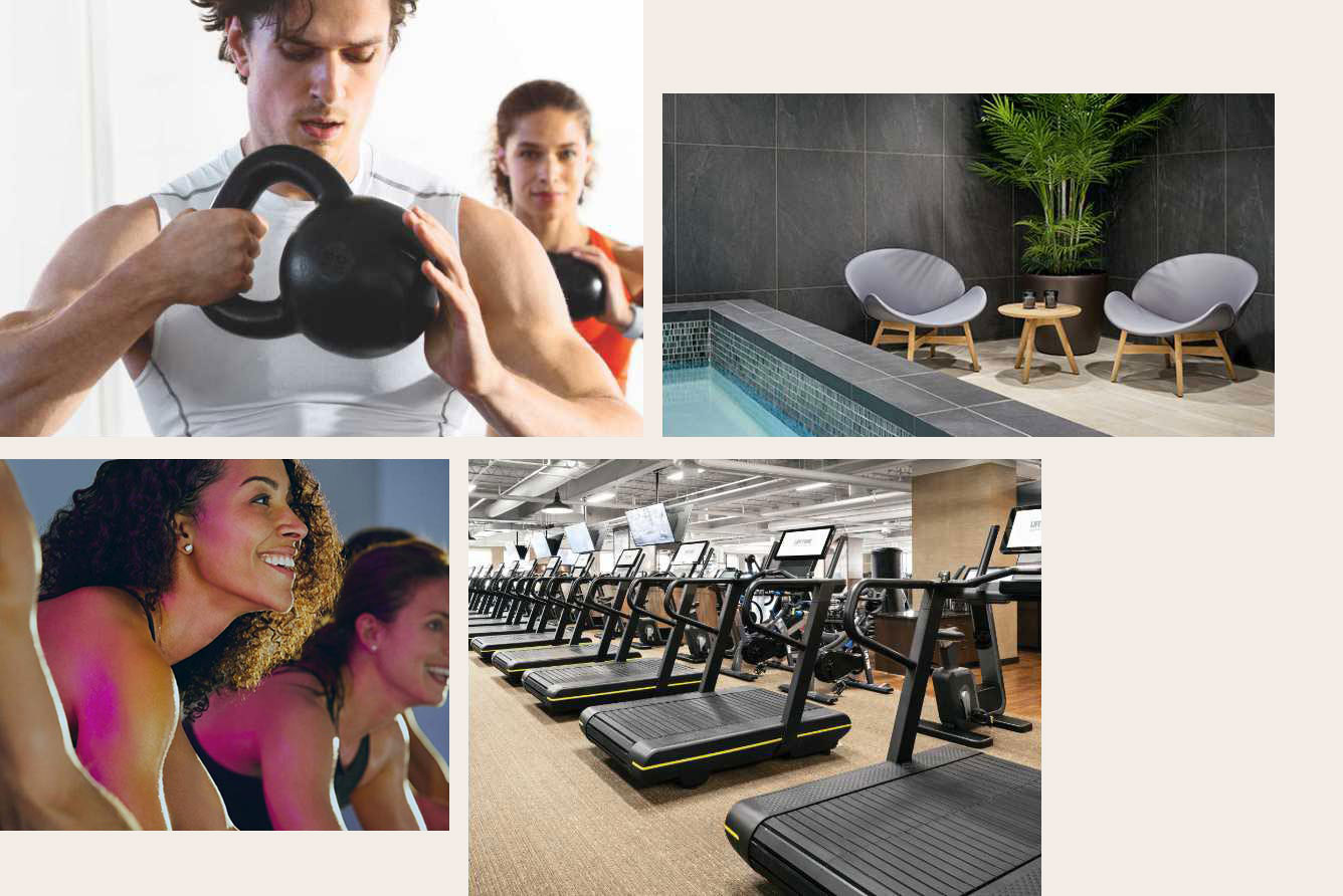 a collage of 4 images: A man and woman holding kettlebells, A luxurious indoor pool setting with two chairs and a green plant poolside, A woman participates in a cycle class, A row of treadmills in a Life Time club.