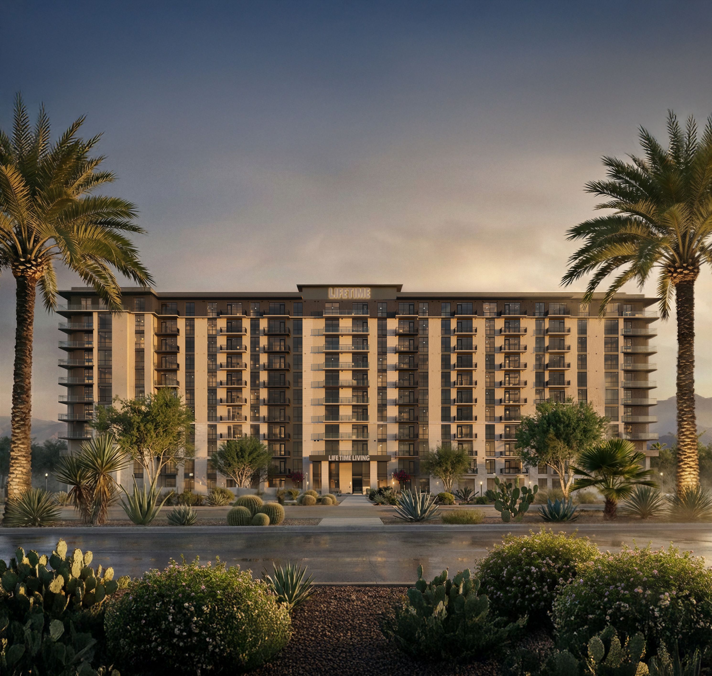 A Life Time Living building amugst palm trees and shrubs.