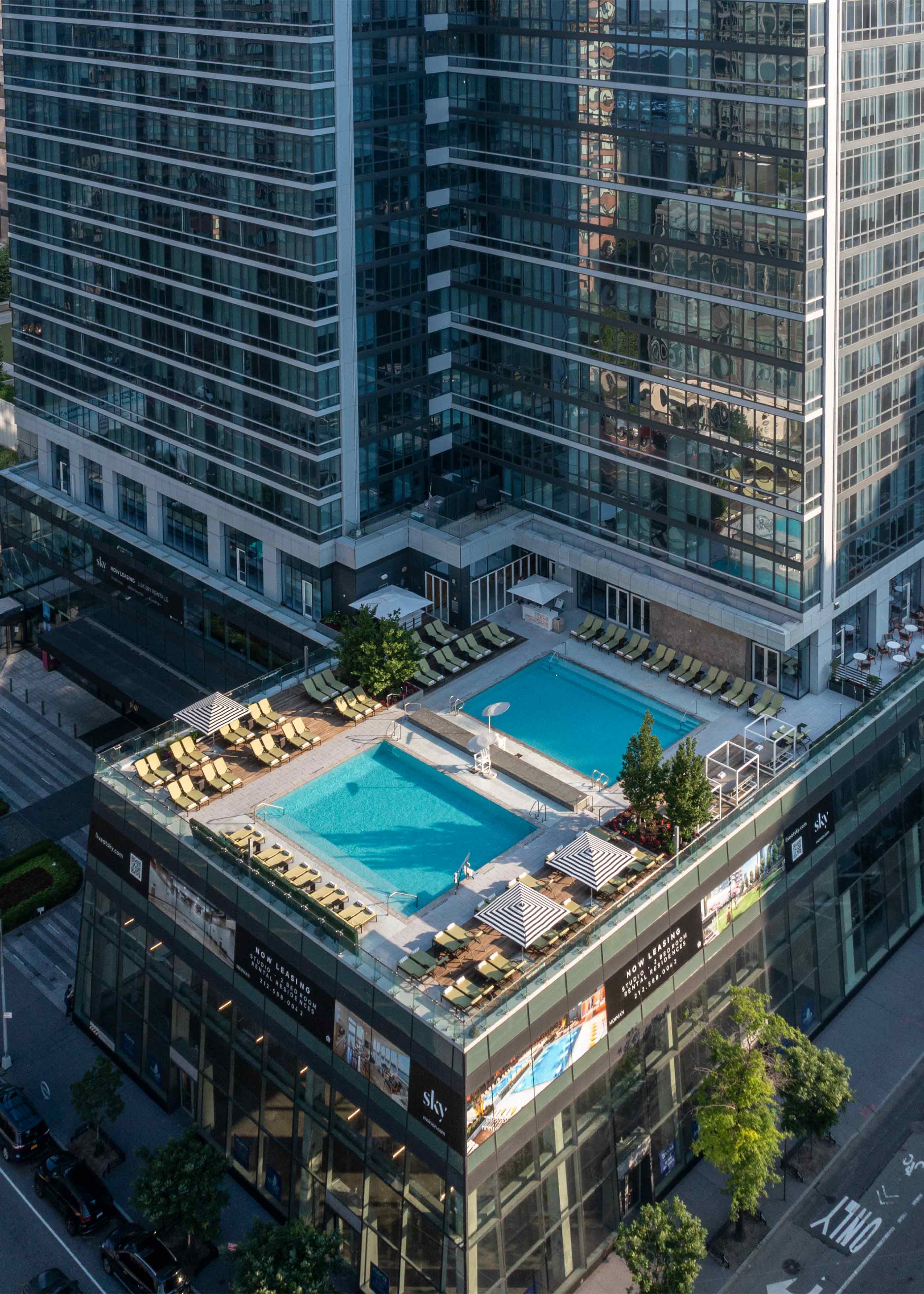 aerial view of Life Time Sky featuring its rooftop pool