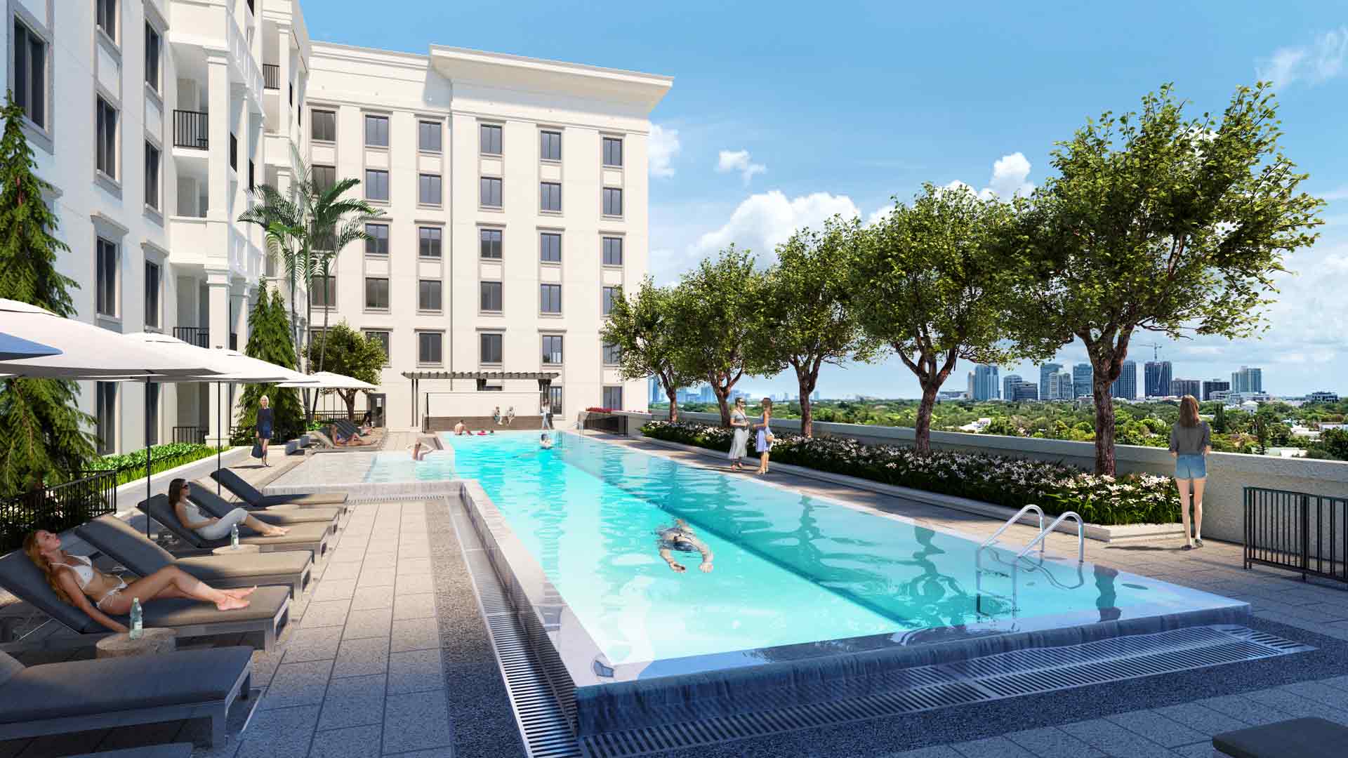 People enjoy a luxurious lap pool and lounge chairs on a life time living rooftop