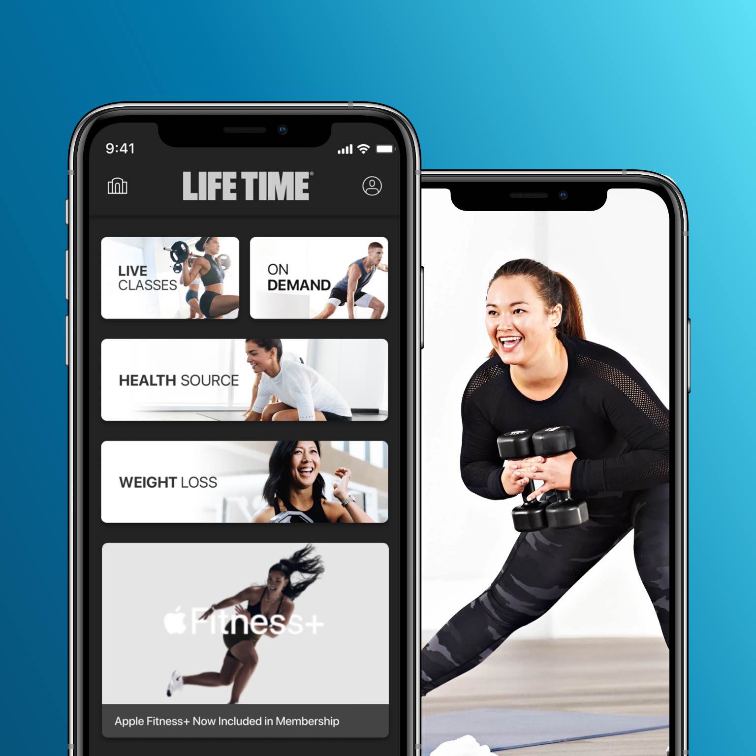Three smart phone screens showing on-demand classes and virtual training