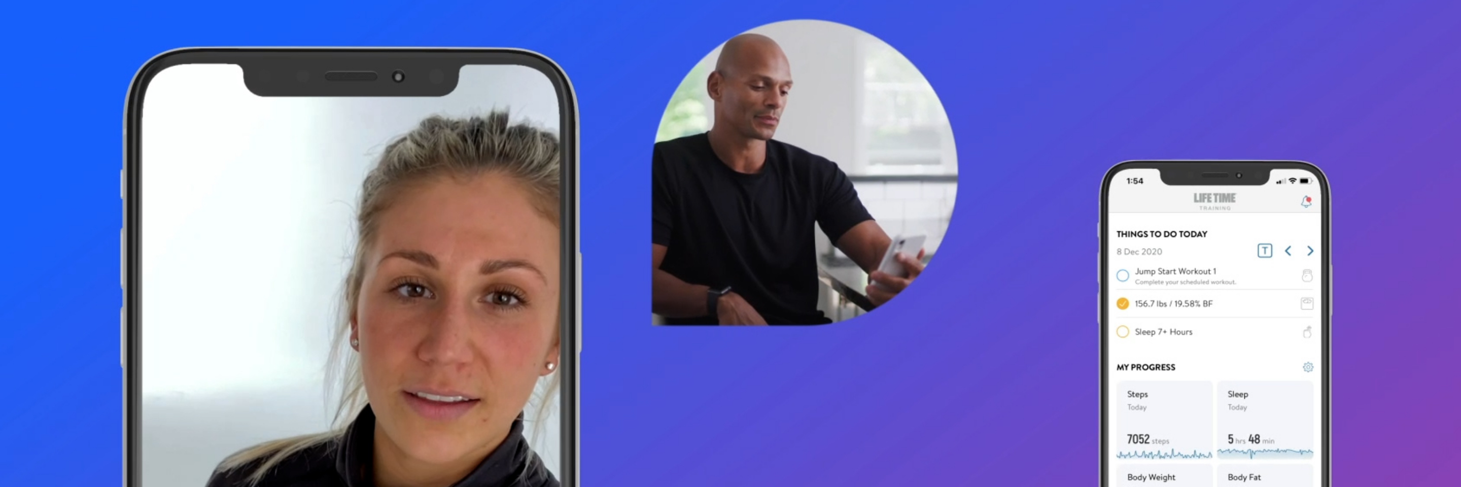 Three smart phone screens showing on-demand classes and virtual training