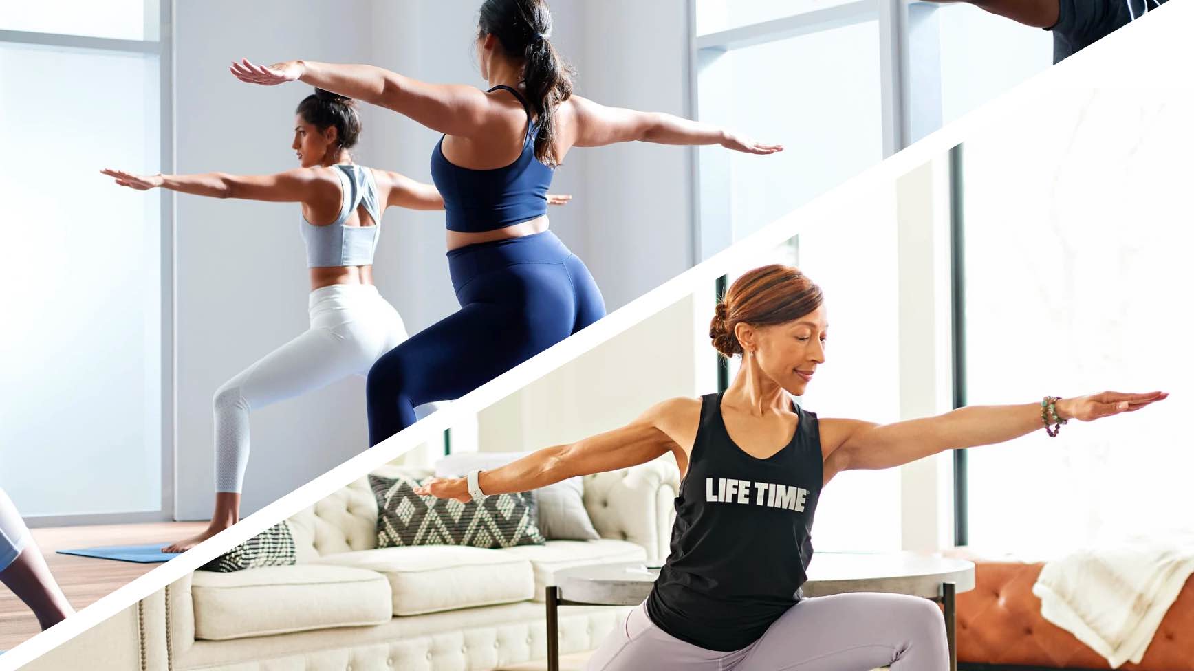 Split image of women doing yoga in a studio and a woman taking an on demand class at home with Life Time