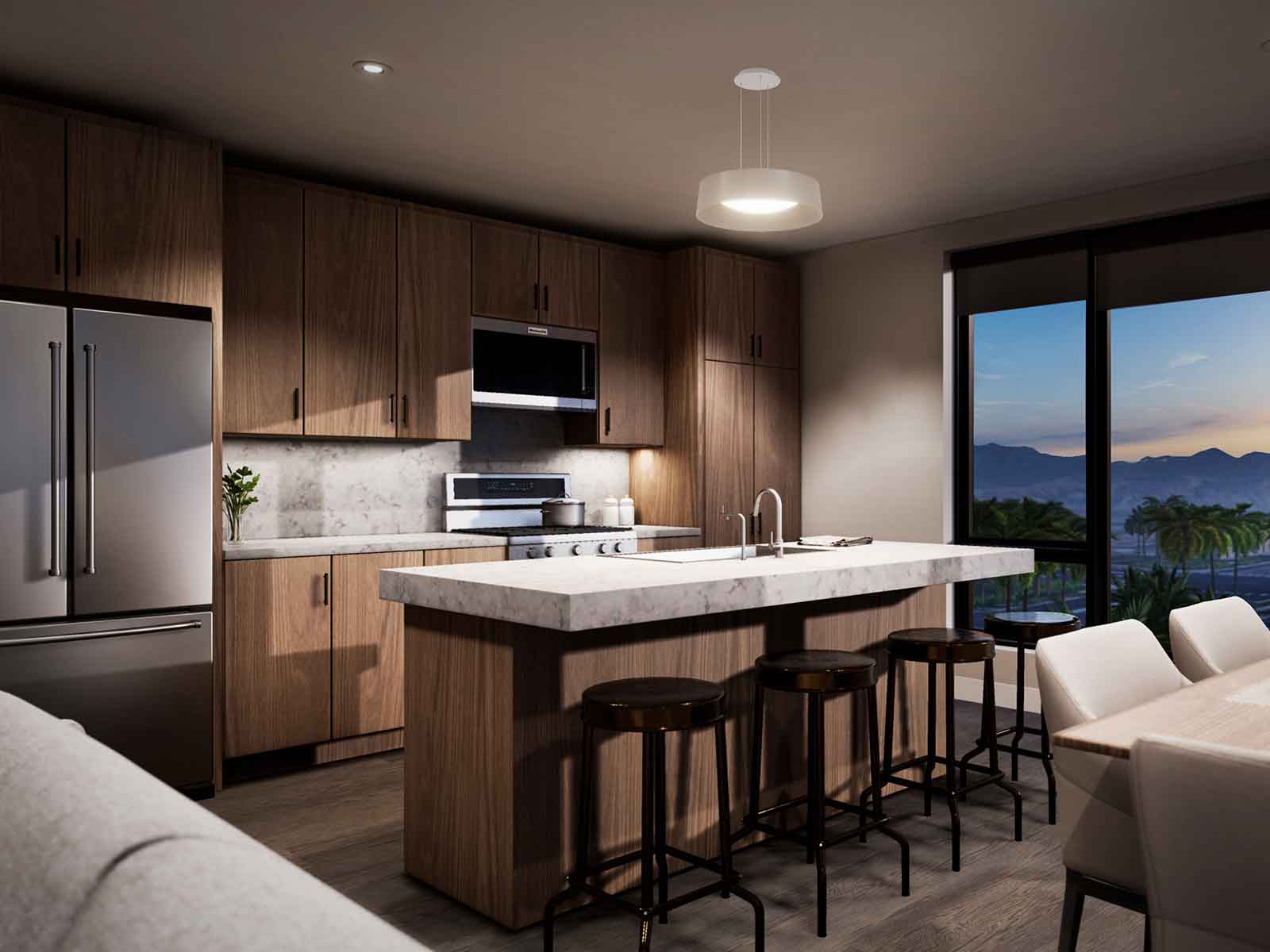 rendering of a modern, open kitchen with a center island