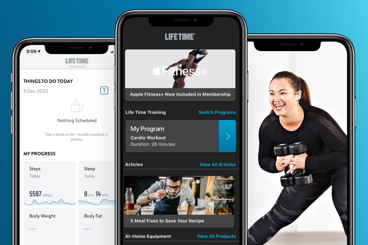 A phone screen displays a smiling woman in exercise gear working out with dumbbells