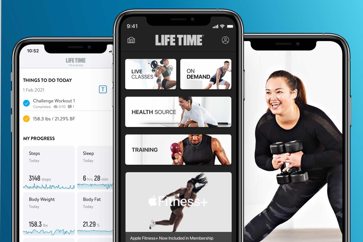 A phone screen displays a smiling woman in exercise gear working out with dumbbells