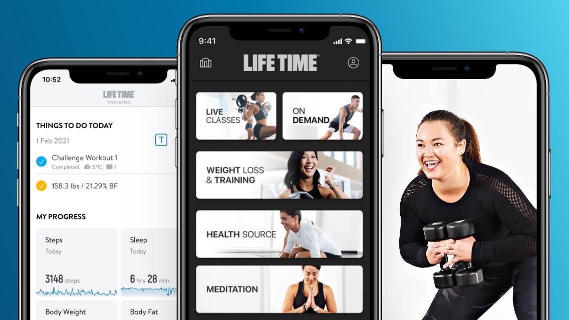 Three phones lined up showcasing the Life Time Digital mobile application.