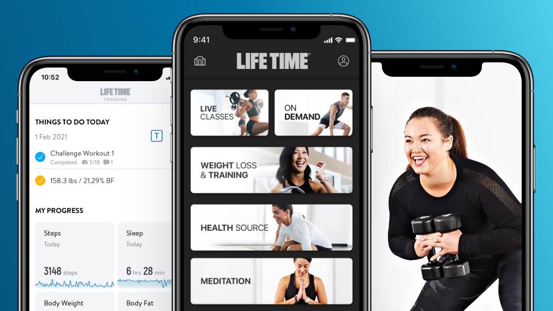 Three phones lined up showcasing the Life Time Digital mobile application. 