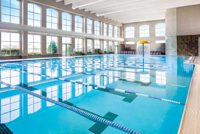 Indoor pool at Life Time with swim lap lanes. 