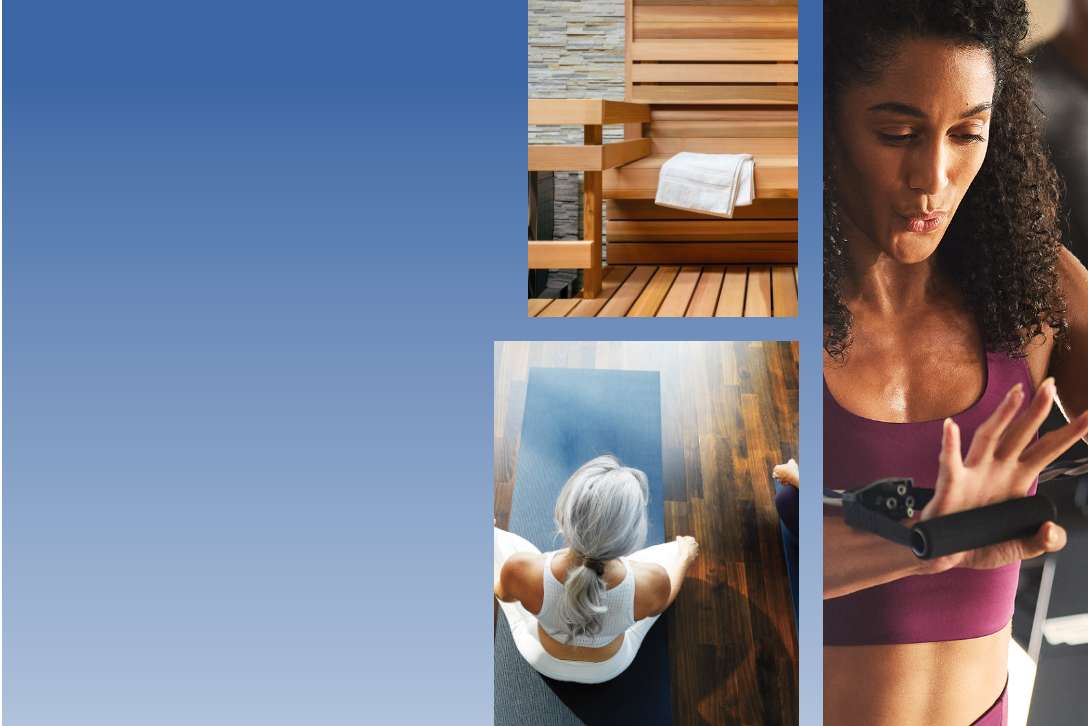 A collage of 3 images: Image 1: Luxurious sauna with a towel on the bench. Image 2: Woman sitting meditating on a yoga mat. Image 3: Woman exercising in group fitness class. 