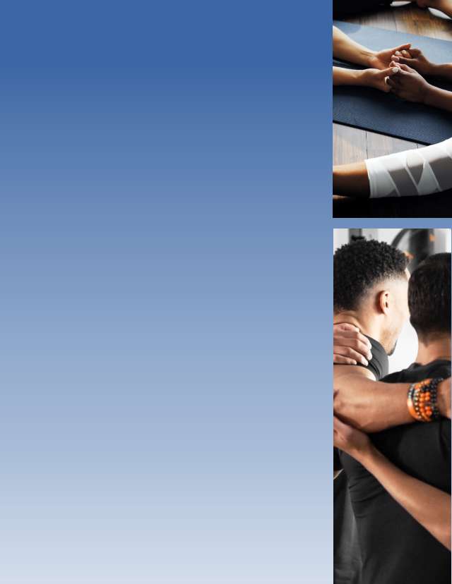 A collage of 3 images: Image 1: Two people doing yoga and stretching while holding hands. Image 2: Three men with arms around each other. Image 3: Two white Life Time membership cards sit on a wooden bench next to a towel.