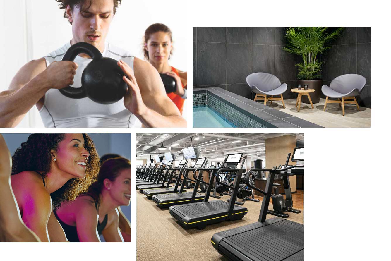 a collage of 4 images: A man and woman holding kettlebells, A luxurious indoor pool setting with two chairs and a green plant poolside, A woman participates in a cycle class, A row of treadmills in a Life Time club.