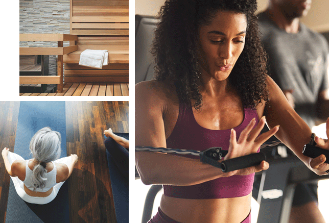 A collage of 3 images: Image 1: Luxurious sauna with a towel on the bench. Image 2: Woman sitting meditating on a yoga mat. Image 3: Woman exercising in group fitness class. 