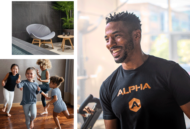 Image 1: Luxurious space with modern chairs and a plant.   Image 2: Group of kids dancing in a studio.   Image 3: Man wearing an “Alpha” shirt smiling. 