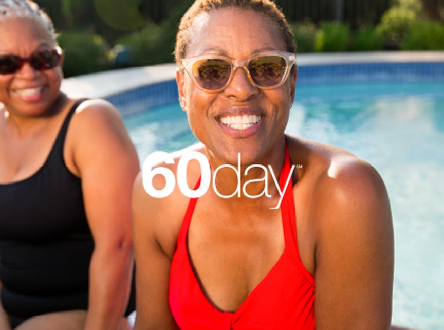 2 older women in swimsuits by the pool, with the 60day logo overlaid on the image