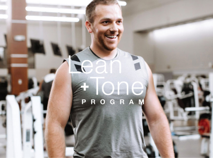 a man grins while lifting weights at a gym, with the lean and tone logo overlaid on the image
