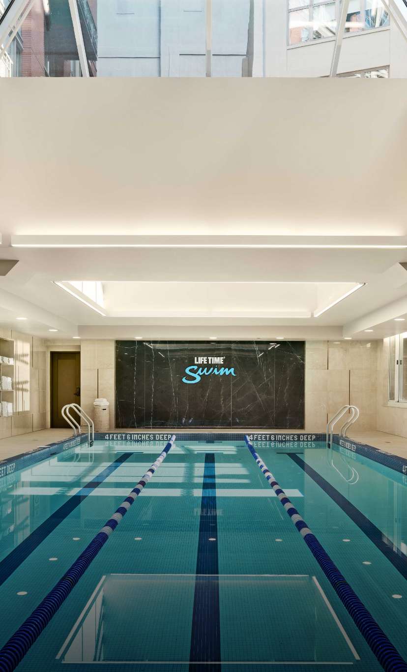A 3 lane indoor lap pool with lane lines