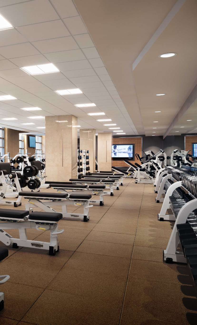 free weights and weight macines on an expansive fitness floor