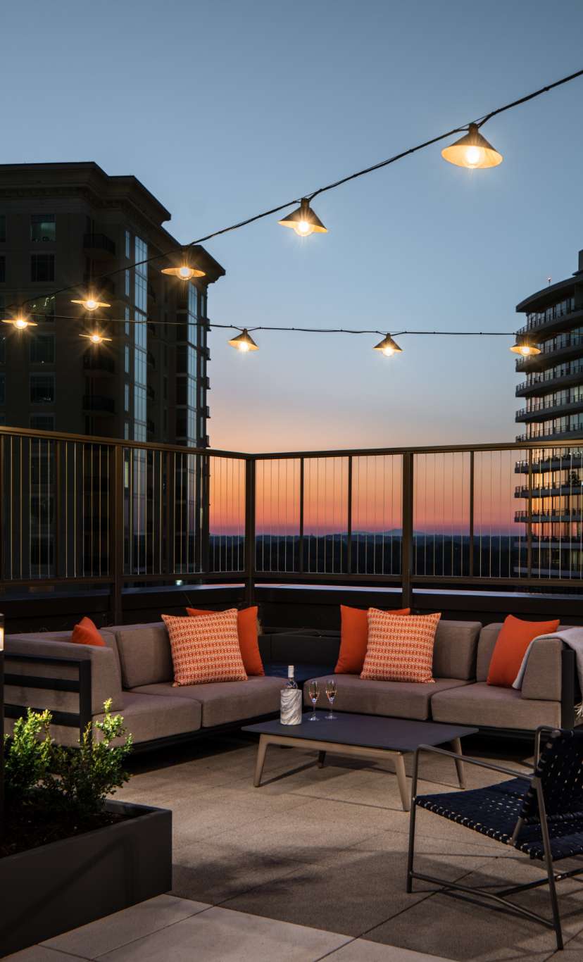 seating on a roof top patio at Life Time Buckhead