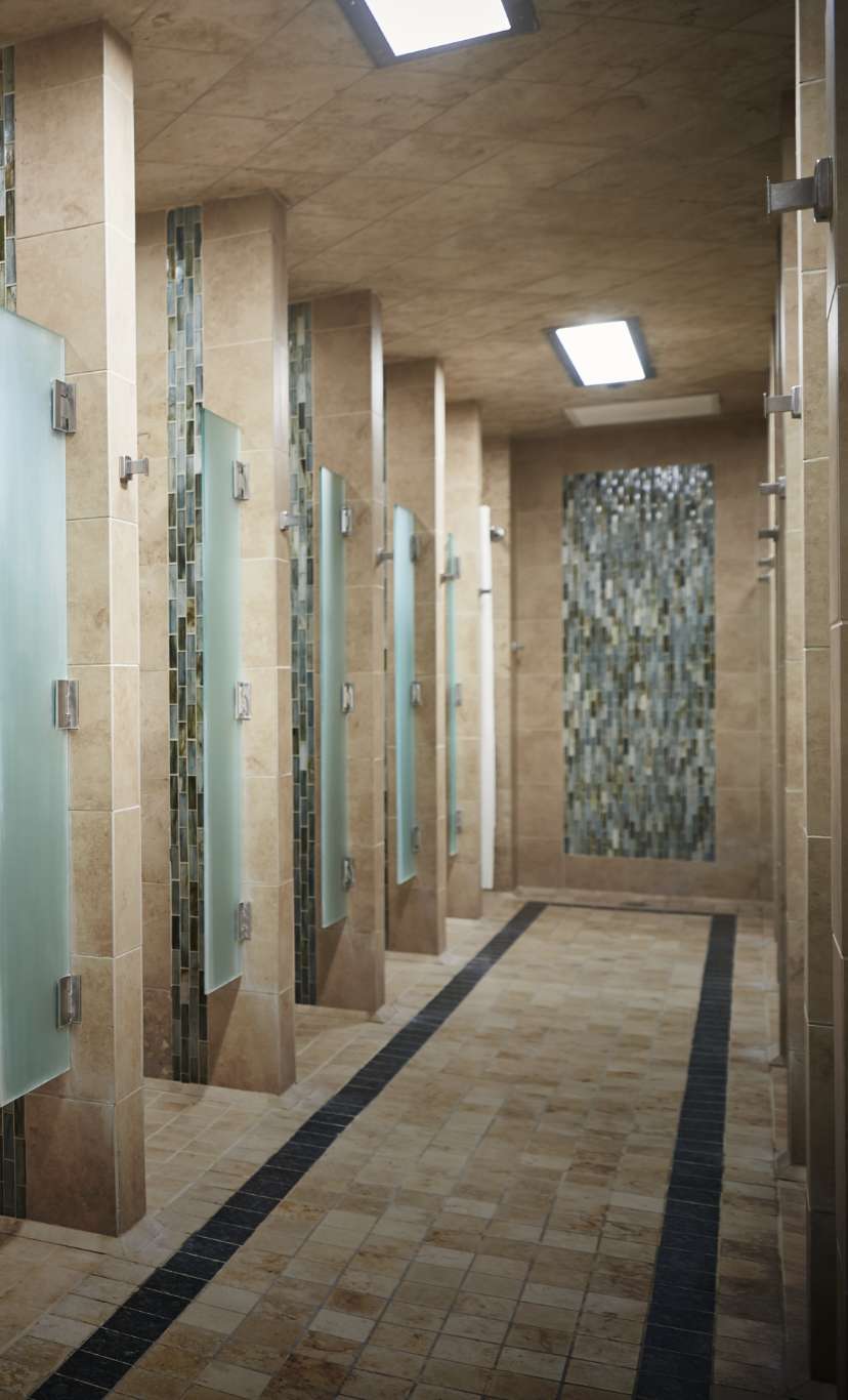glass door and stone shower stalls