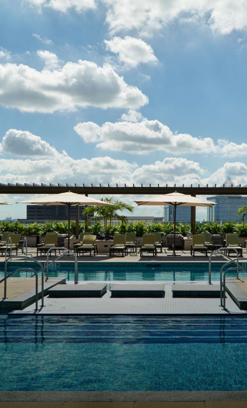 An expansive outdoor rooftop pool