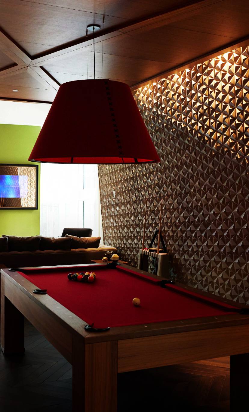 a pool table in a lounge area