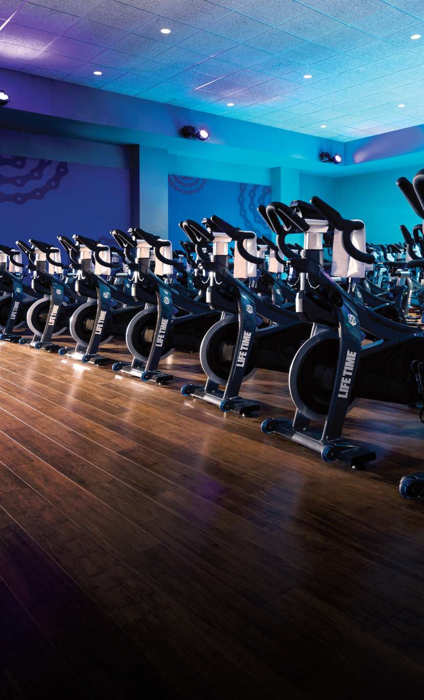 stationary bikes lined up in a colorfully lit cycle studio