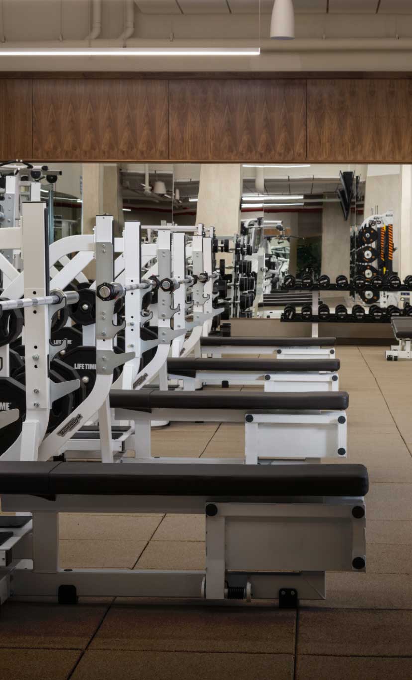 an expansive weight training floor with many machines and free weights