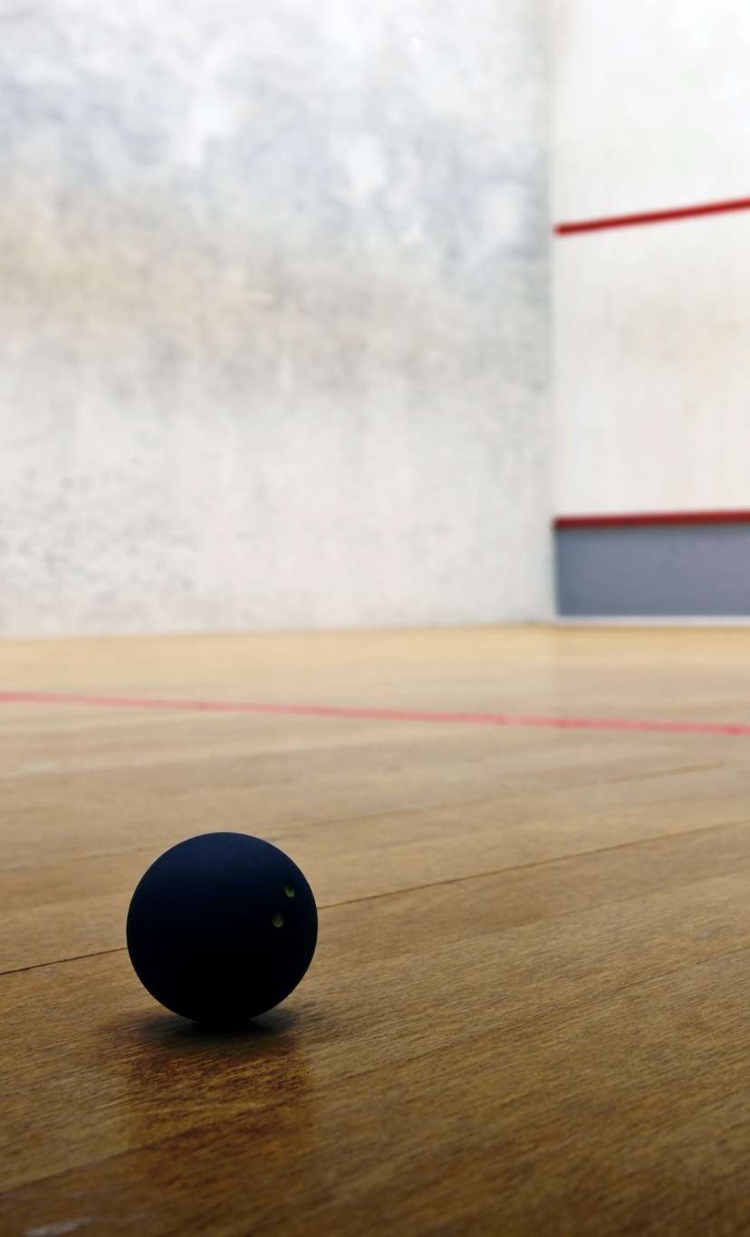 A squash ball sits on an empty squash court