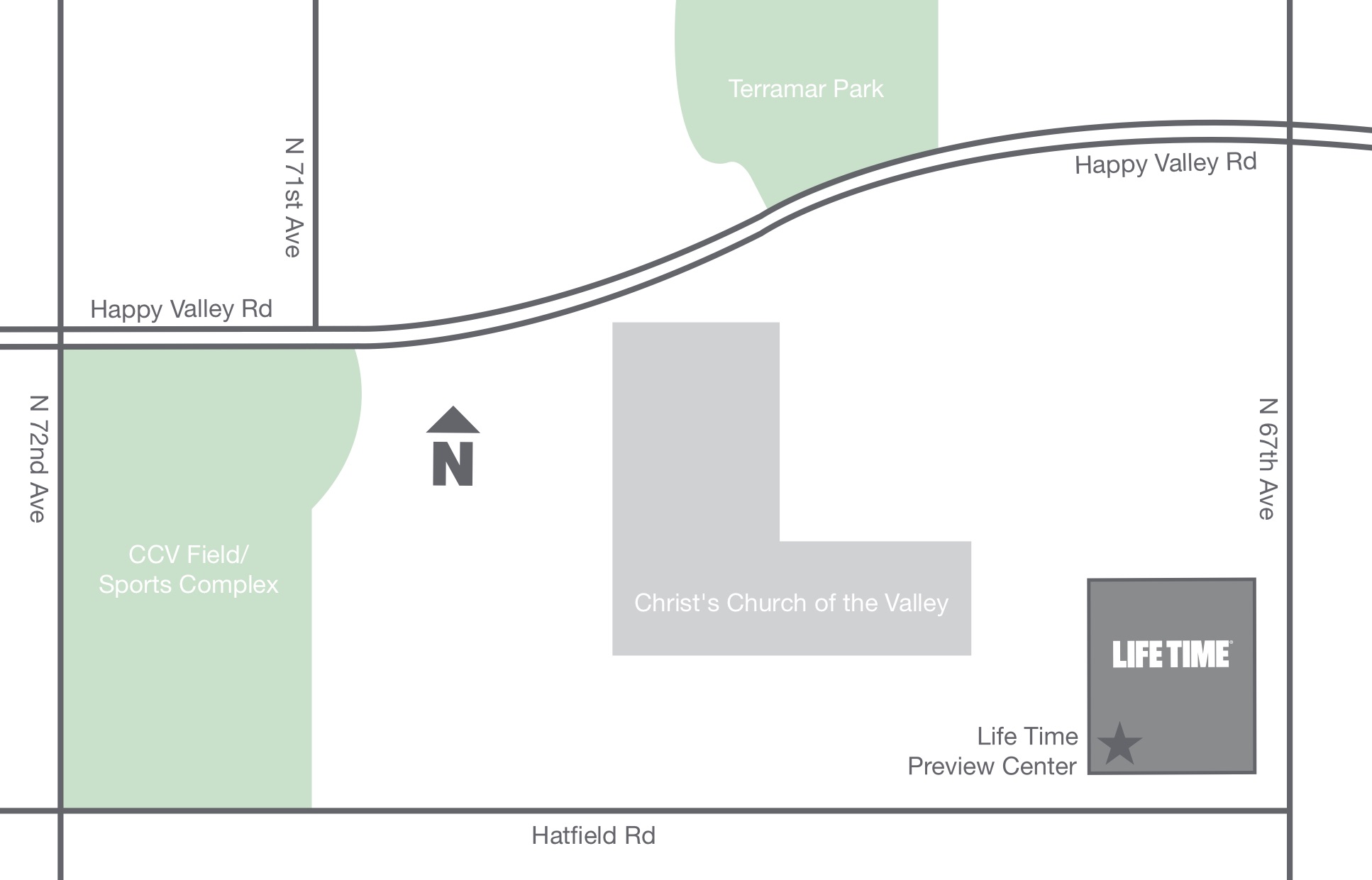 Illustrated map of the future location and presale location of the Happy Valley Peoria Life Time