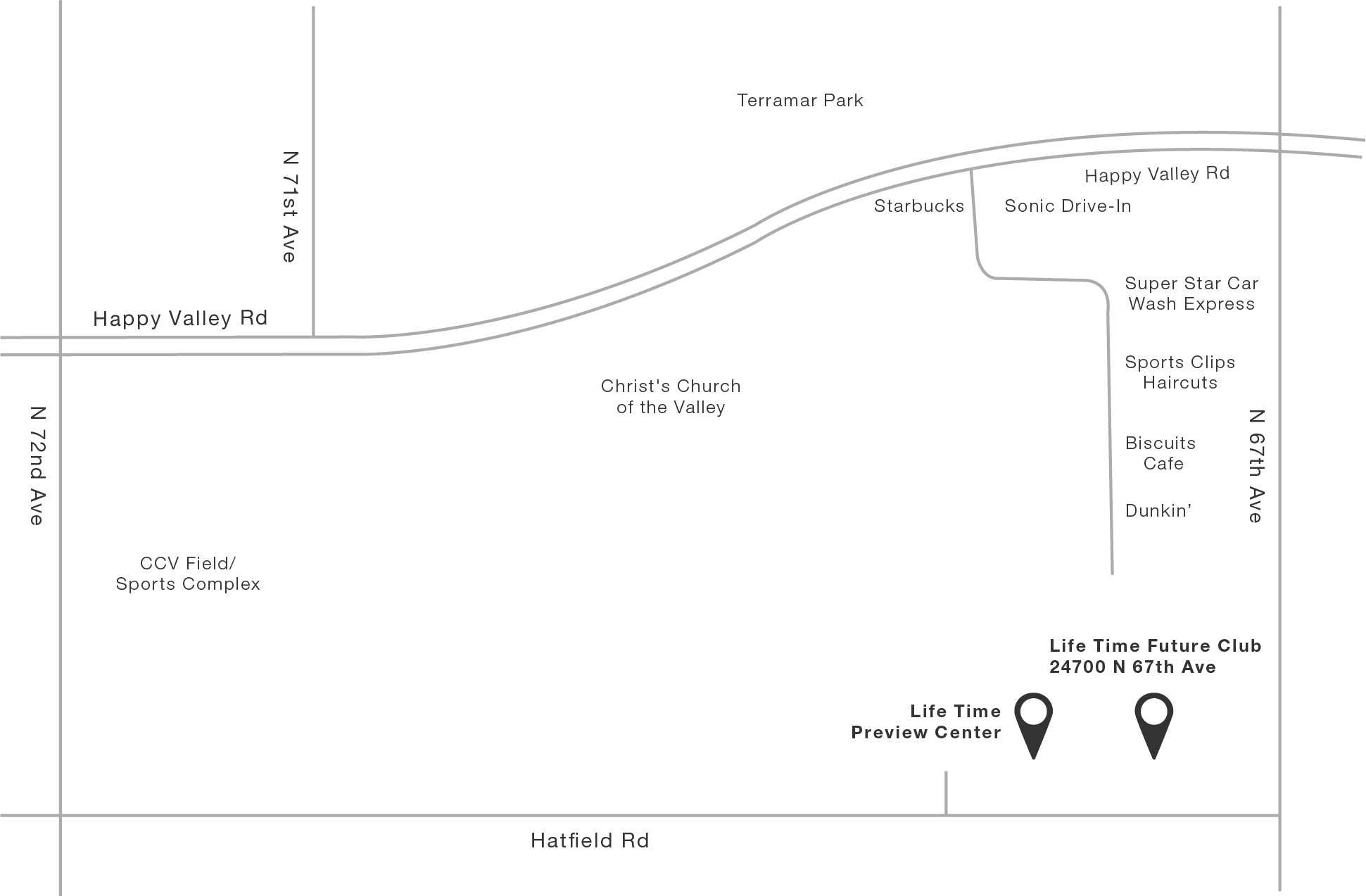 Illustrated map of the future location and presale location of the Happy Valley Peoria Life Time