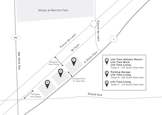 An illustrated map of Life Time Coral Gables work and living locations at Tower A, 237 South Dixie Hwy and the Parking Garage at Tower B, 225 South Dixie Hwy.