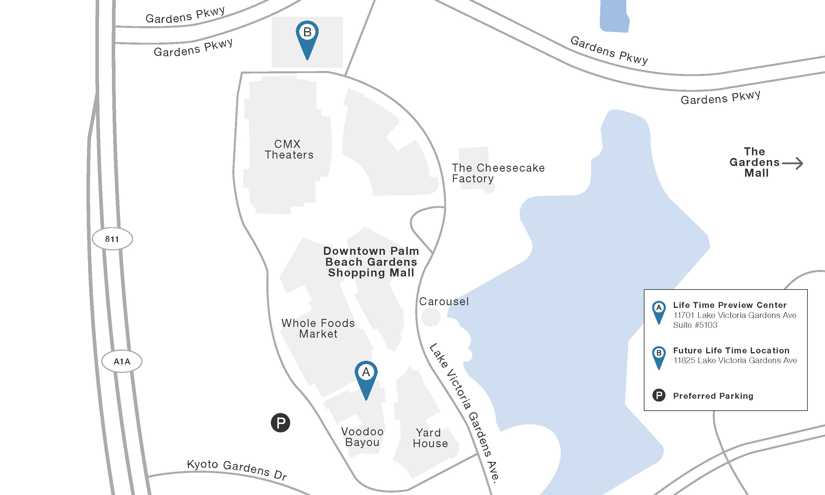 An illustrated map of Life Time Athletic Resort Palm Beach Gardens and the preview center. Marker A is the preview center and marker B is the Athletic Resort.