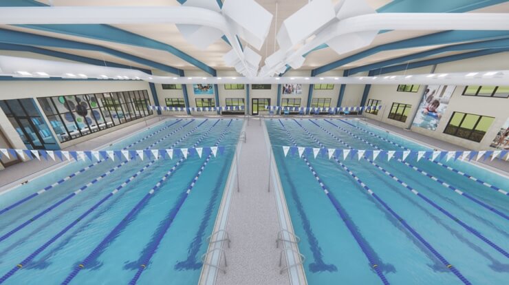 An overhead look of the interior of the new swim facility in Maple Grove.