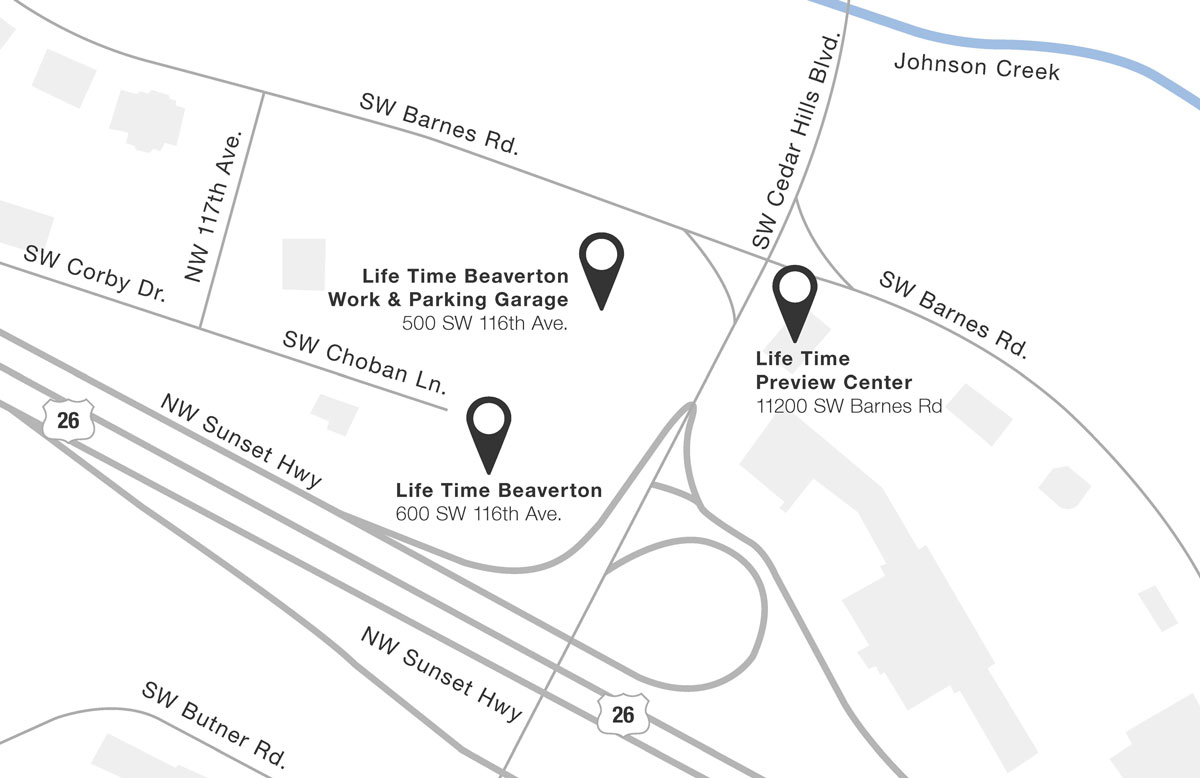an illustrated map of the location of Life Time Beaverton