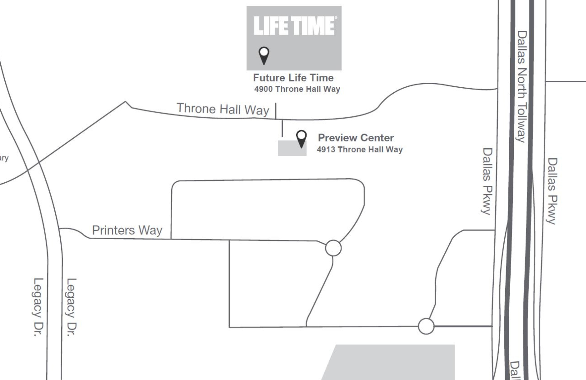 Illustrated map of the preview center and future club location of Life Time in Frisco, TX