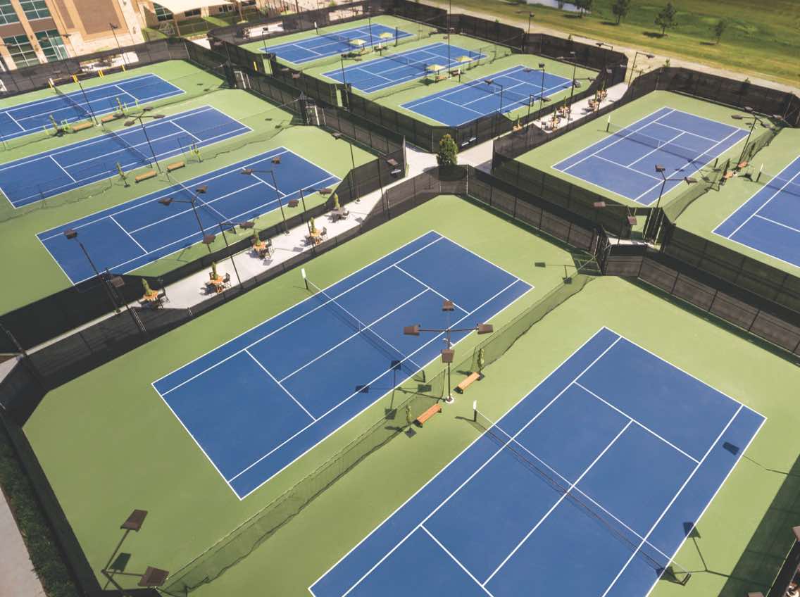 Aerial view of ten outdoor tennis courts at Life Time