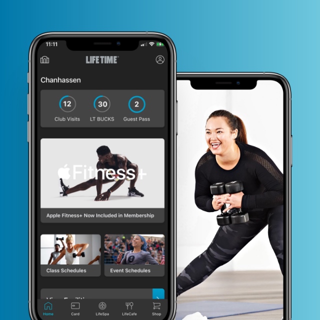 Three smart phone screens showing on-demand classes and virtual training