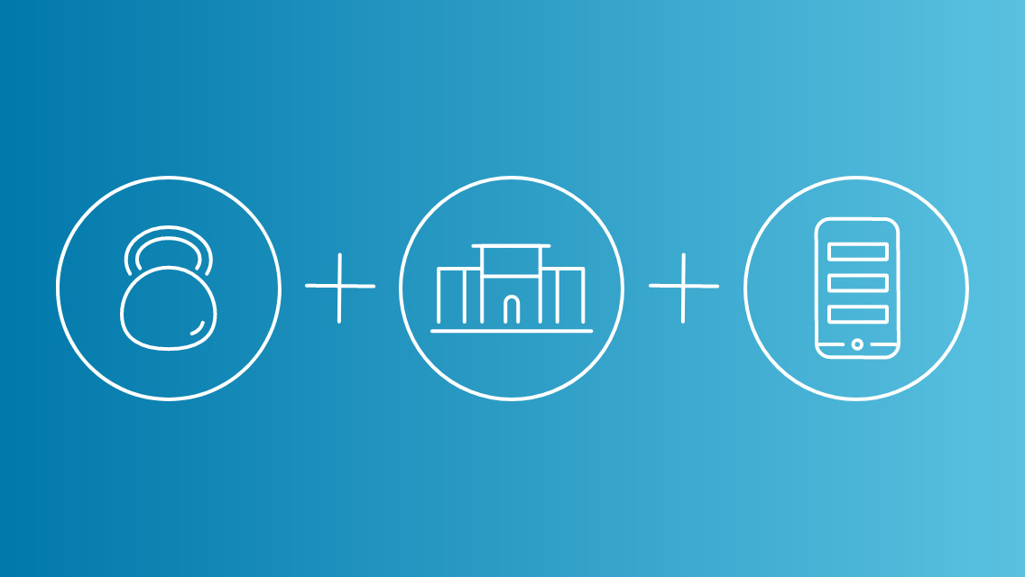 blue gradient with club, mobile, and training icon