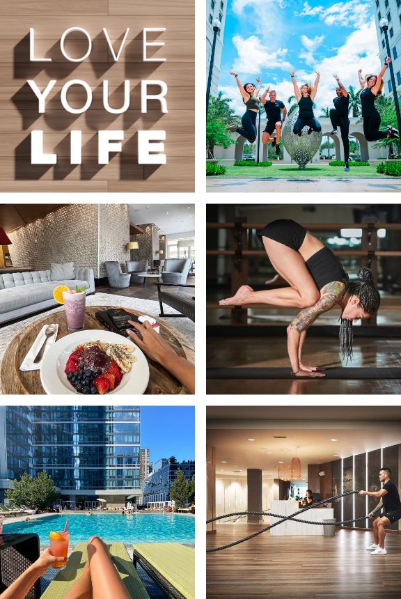 A collage of 6 square photos: 1: The Life Time “Love Your Life” motto is featured on a wood plaque  2: A group of five personal trainers jump in the air 3: A healthy breakfast featuring a fresh-fruit acai bowl and a protein smoothie 4: A female yogi performs a handstand pose on a yoga mat 5: A woman holding an iced tea sits on a lounge chair on the rooftop pool deck 6: A man performs a rope exercise in the training space