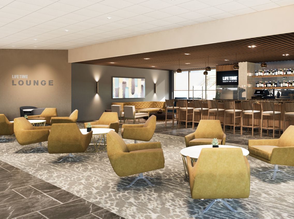 Render of a large bar space with bar stools, liquor, and lounge chairs.