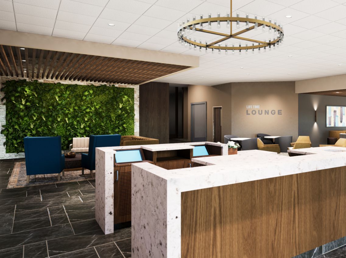 Render of a viewing space, with lounge chairs, and front desk.