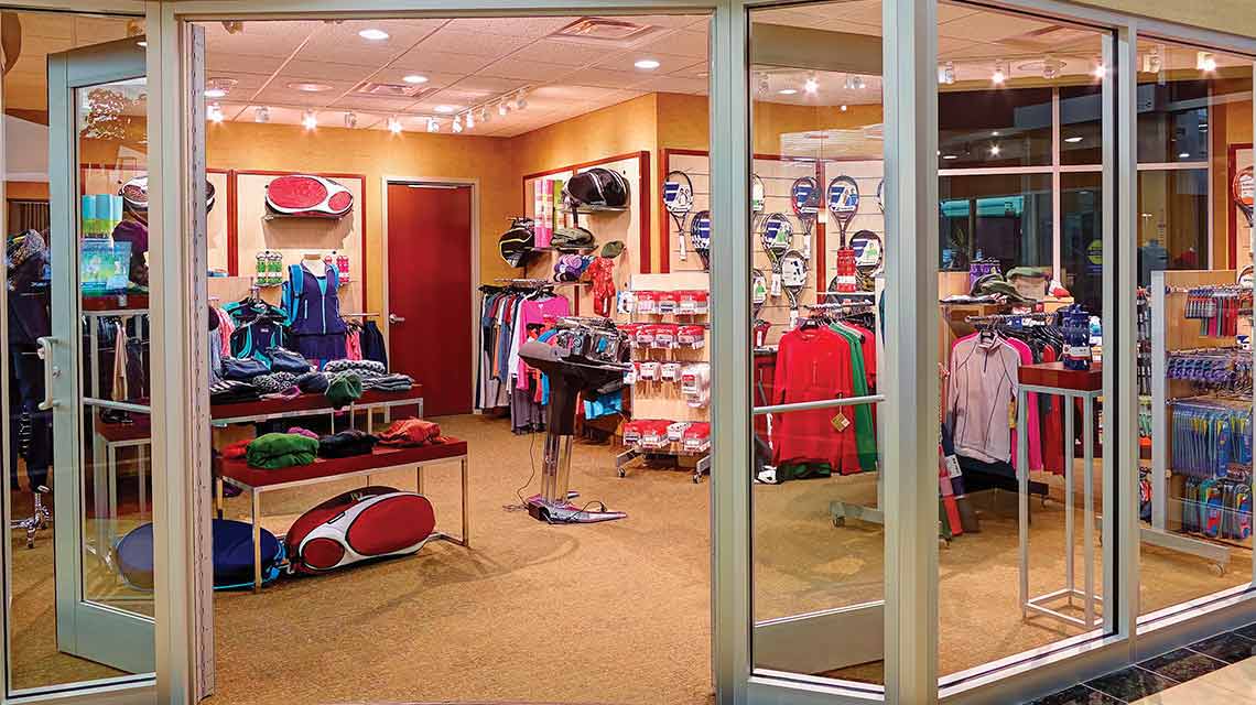Apparel and equipment inside a Life Time pro shop