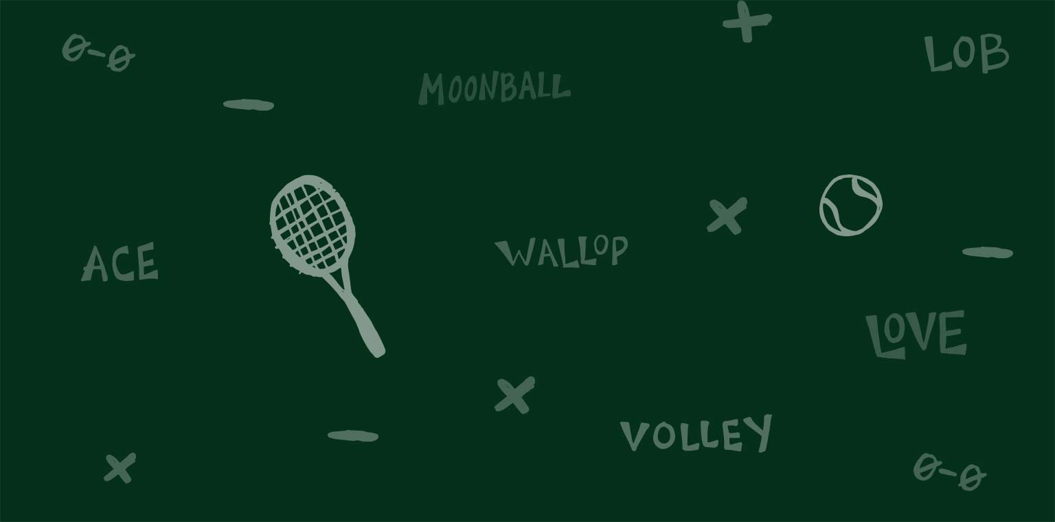 Artwork depicting tennis and squash items and terms