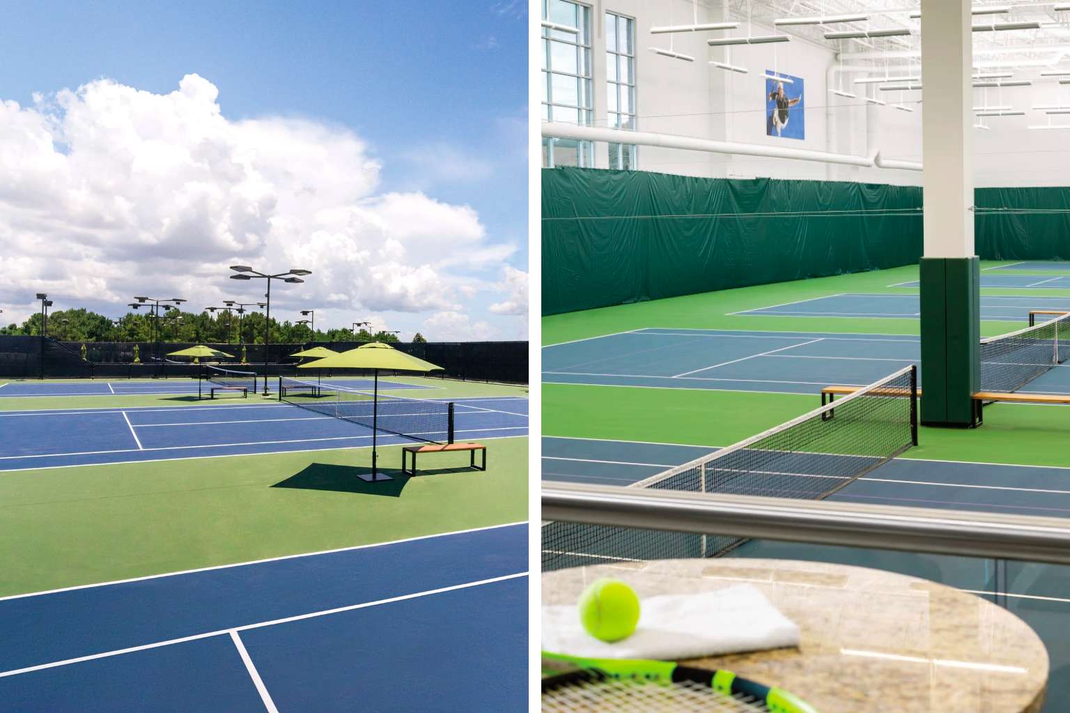 A collage of 2 images. Image 1: Outdoor tennis courts with blue sky background. Image 2: Indoor tennis courts. 