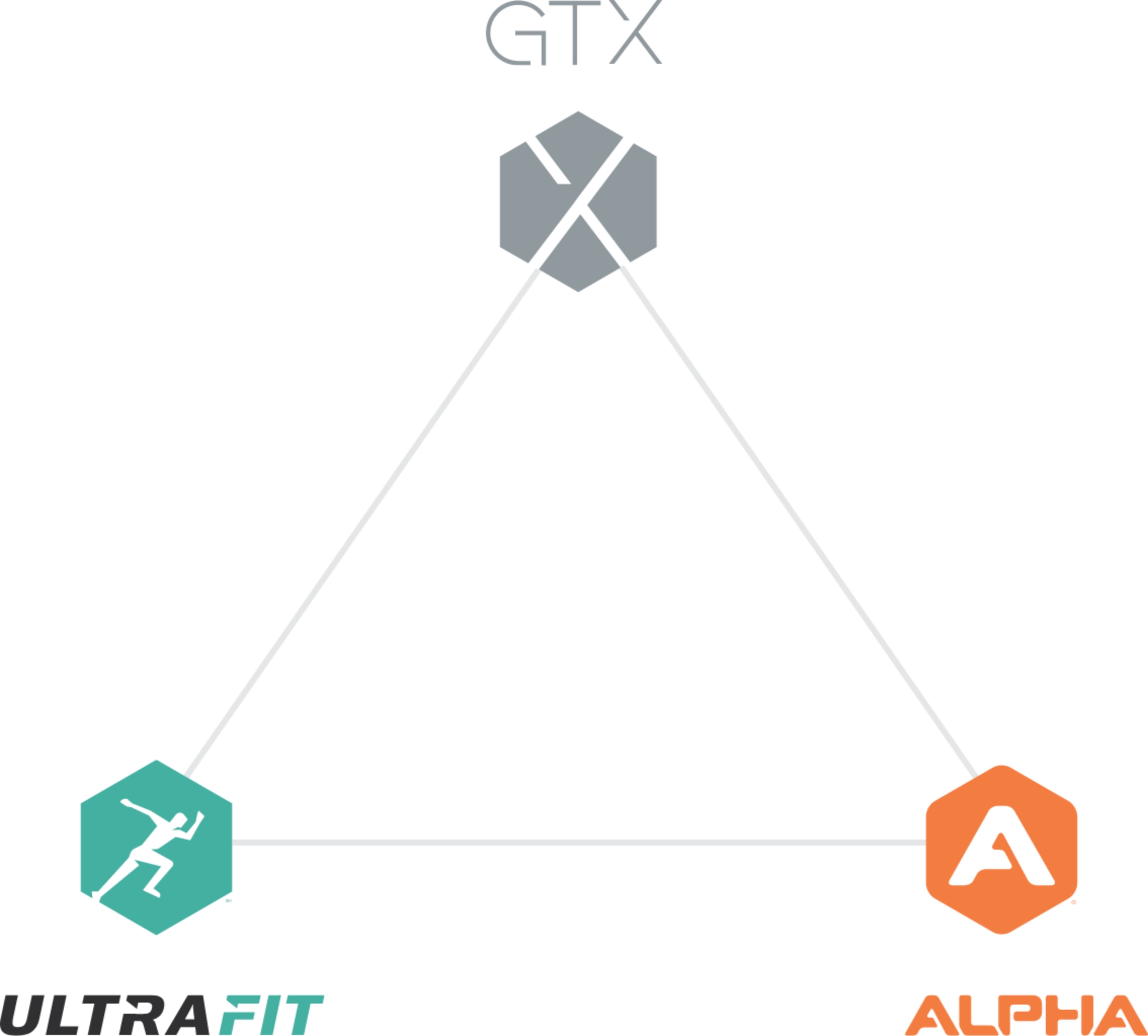Logos of the three programs that make up small group training (GTX, Alpha and Ultra Fit) are arranged in a triangle with lines connecting them to demonstrate an ecosystem. 
