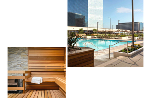 A collage of 2 images: a wood paneled sauna room and an image of a roof top pool deck