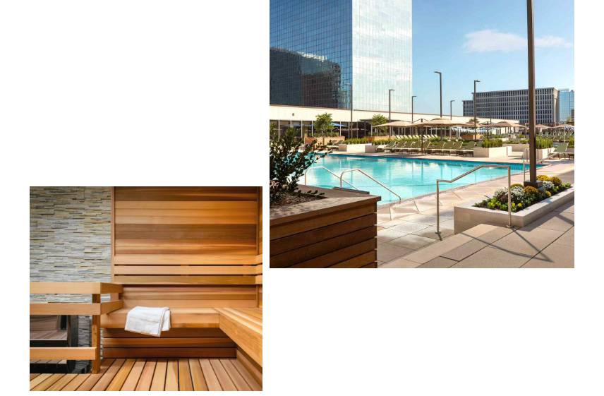 An image of a wood sauna room and an image of a roof top pool deck
