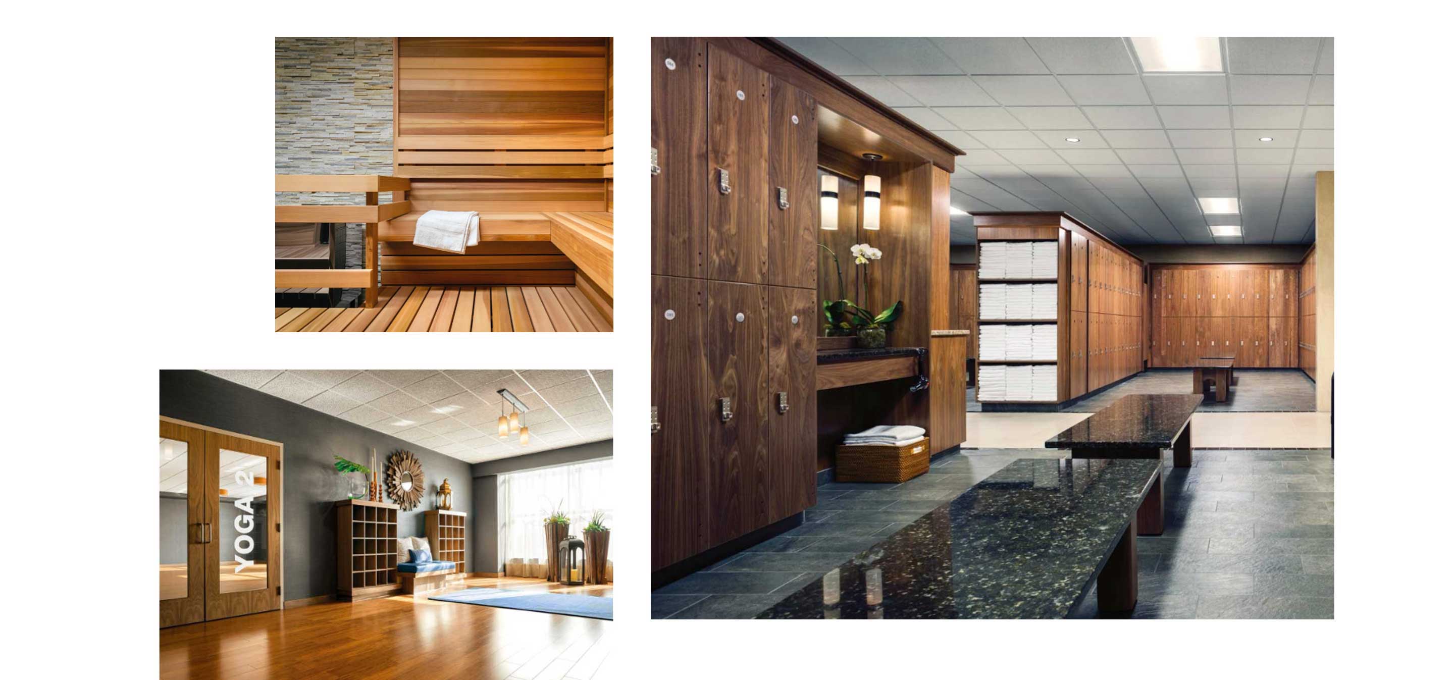 A collage of 3 images showcase Life Time's luxury amenities: a wood paneled sauna, a wood and marble locker room with rows of towels, a brightly lit yoga studio.