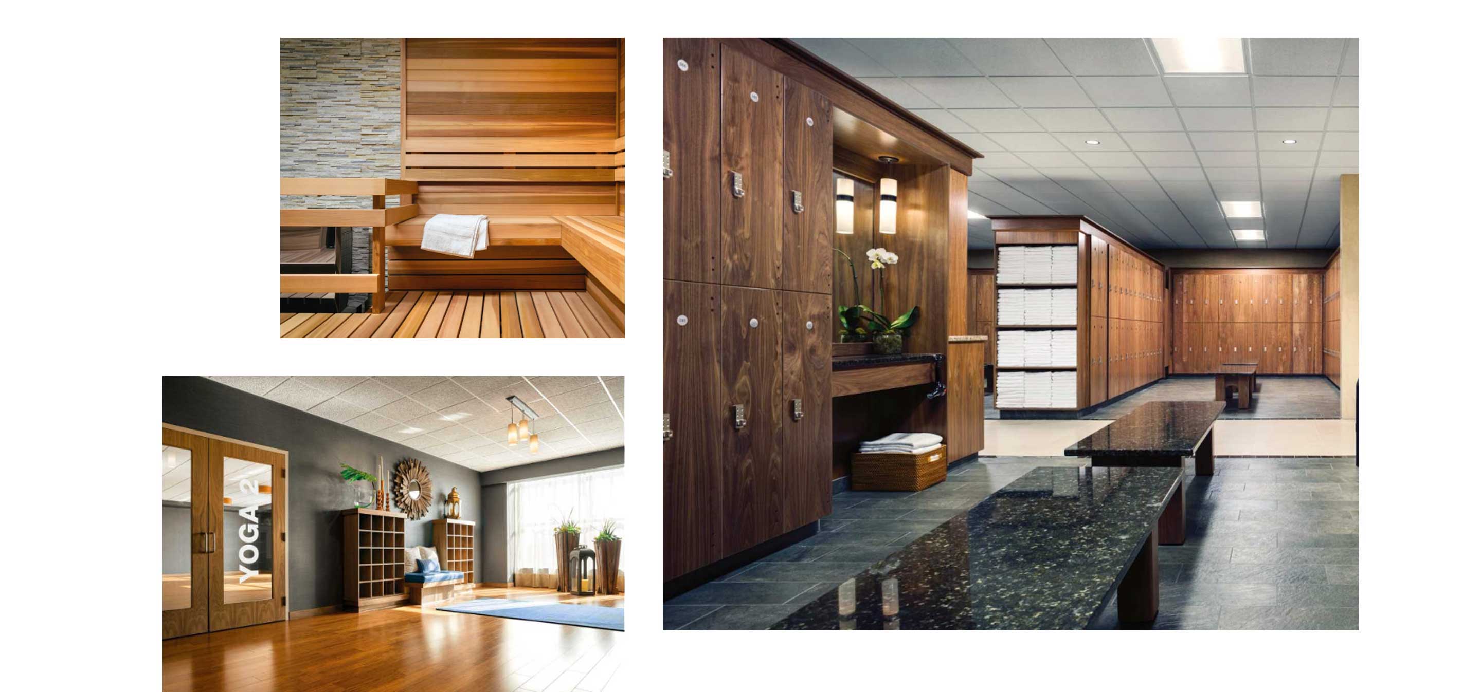 an image of a luxurious locker room and an image of a brightly lit yoga studio